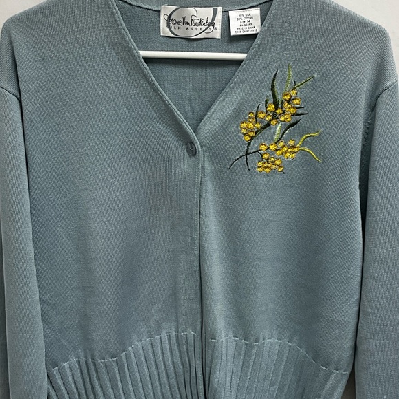 Diane Von Furstenberg Blue Cardigan with Yellow Embroidery - Picture 2 of 8